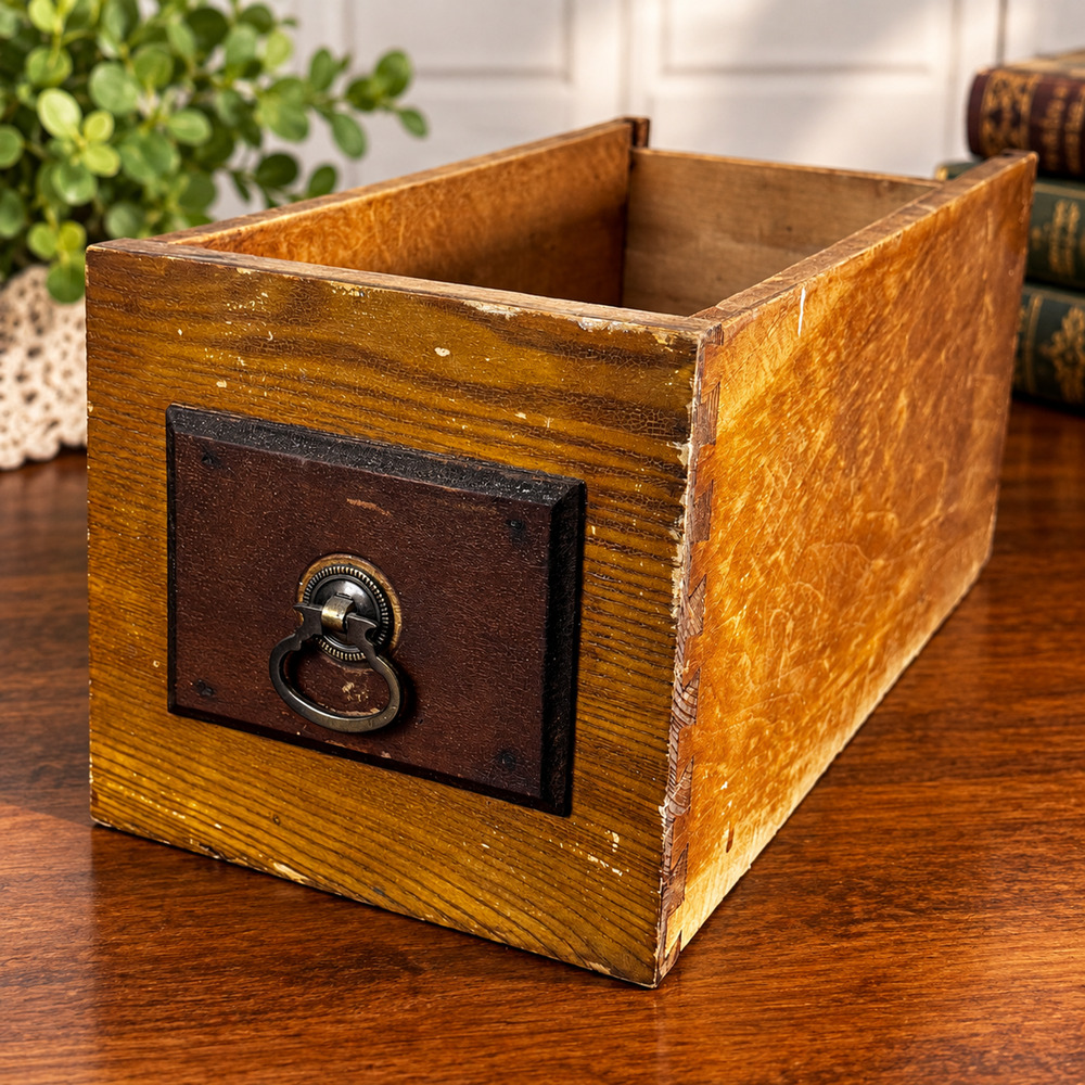 Vintage Wood Library Card Catalog Drawer Dovetail Ring Pull 15" Storage